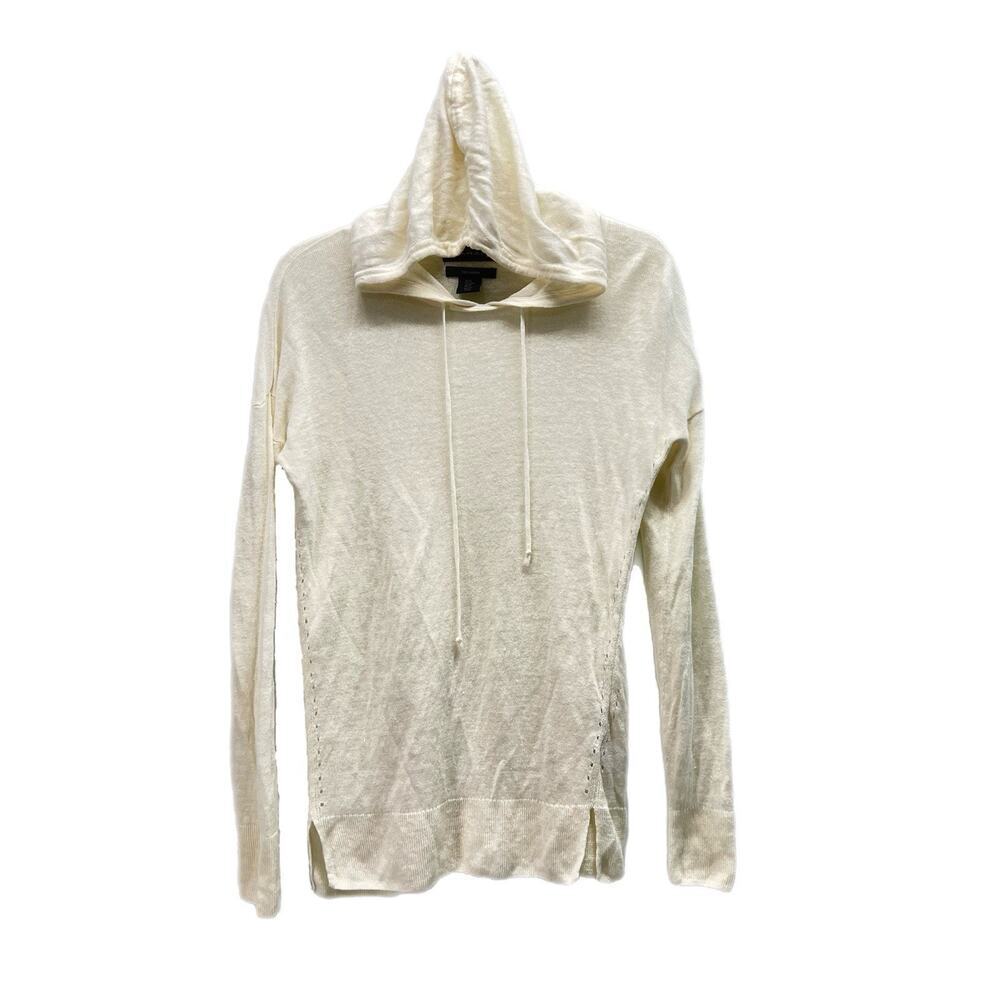 Tahari Hooded Sweater Womens M Ivory Long Sleeve 100% Linen Pullover Hoodie
